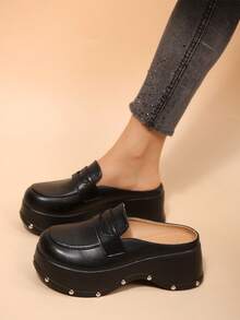 Solid Color Penny Loafer Mule Slides, Rivet Thick Sole Women's Closed Toe Backless Slouchy Half-Slip Shoes - Black - View 1