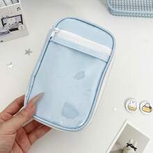 1pc Light Blue Polka Dot Zipper Pencil Case - Soft Fabric Stationery Bag For School, Travel And Daily Use - Cute Korean Style Storage Bag - Single Piece - View 4