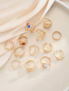 13pcs Fashion Minimalist Bohemian Colorful Rhinestone Snake Heart Water Drop Faux Pearl Gold Rings Set For Women, Vacation, Date, Party, Ball, Banquet, Holiday, Birthday Gift, Daily Wear - Yellow Gold - View 5