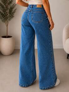 Calça Jeans Feminina Wide Leg 100% Algodão Lavagem Marmorizada Premium Empina Bumbum Sem Lycra Cintura Alta Bolsos Funcionais Pantalona Boca Larga Elegante Sofisticada - Marmorizada - Visão 10
