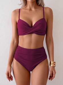 Summer Solid Color Elegant Bohemian Sweet Style Two Pieces Bikini Swimsuit Beach Vacation Set - Purplish-red - View 5