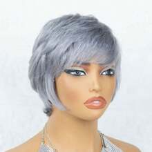AMECIRE Wig Rambut Pendek Abu-abu, Wig Potongan Pixie, Wig Rambut Manusia, Wig Rambut Lurus, Wig untuk Wanita dengan Poni 4 Inci, Desain Bergaya, Cocok untuk Semua Orang - SGray - View 8