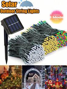 1件裝戶外太陽能燈串 20/50/100/200LED，8種照明模式，防水仙女燈，5m/7m/12m/22m，適用於花園、露台、庭院、圍欄、樹木、陽台、房屋、聚會、婚禮、聖誕節、萬聖節、節日裝飾 - 黑色 - 查看 2