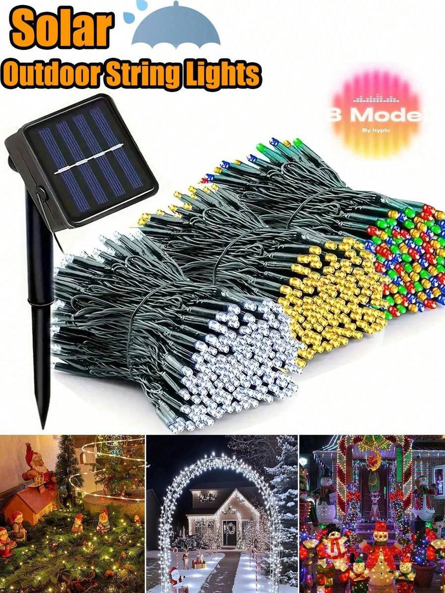 1件裝戶外太陽能燈串 20/50/100/200LED，8種照明模式，防水仙女燈，5m/7m/12m/22m，適用於花園、露台、庭院、圍欄、樹木、陽台、房屋、聚會、婚禮、聖誕節、萬聖節、節日裝飾