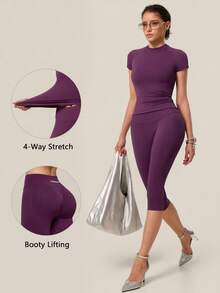 TimeOff Women's One Set Solid Color Seamless Round Neck Short Sleeve Ribbed Waist Mid-Length Pants Sports Set - Purple - View 1
