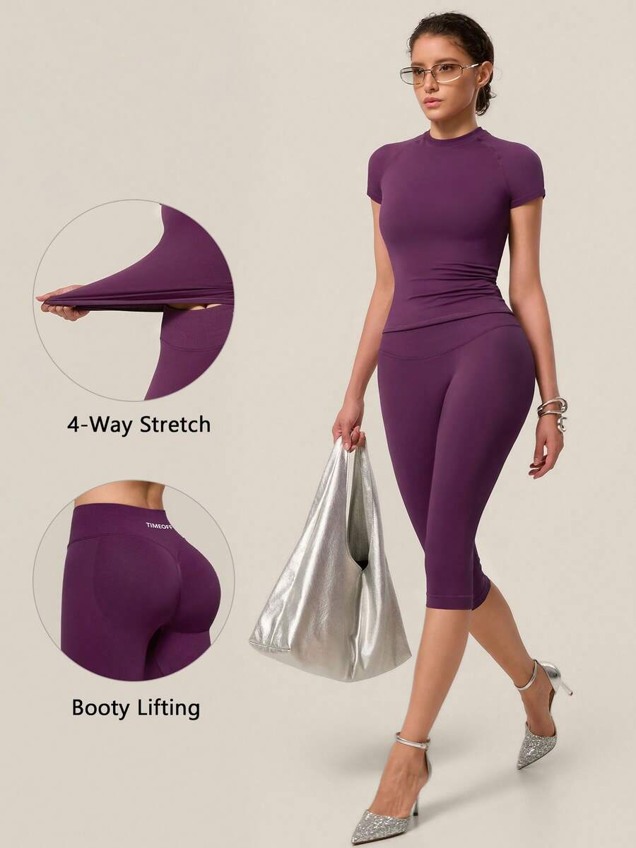 TimeOff Women's One Set Solid Color Seamless Round Neck Short Sleeve Ribbed Waist Mid-Length Pants Sports Set - Purple - View 1