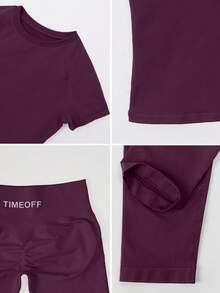 TimeOff Women's One Set Solid Color Seamless Round Neck Short Sleeve Ribbed Waist Mid-Length Pants Sports Set - Purple - View 6