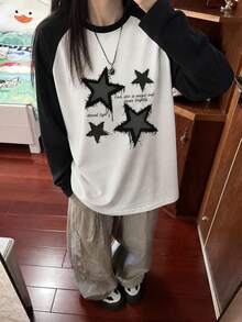 Y2K American Retro New Women's Round Neck T-Shirt Casual Loose Fit American Star Print Pattern Versatile Contrast Color Raglan Sleeve Long White - White - View 7