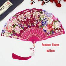 1pc Large Handheld Floral Folding Fan, Handheld Carnival Fan, Suitable For Music Festivals, Carnivals, Weddings, EDM Events, Dancing, Decoration, Performance And Gifts - Silk Fabric Pressed Flower Folding Fan - View 9