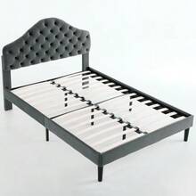 Upholstered Platform Bed Frame In Full Size With Adjustable Headboard, Velvet Single Bed With Wooden Slat Base, No Box Spring Needed, Easy Assembly, 140x200 Cm - 灰色 - 查看 5
