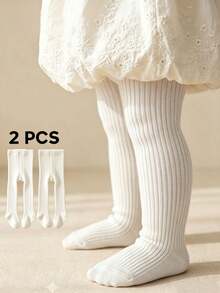 2 Pairs Vertical Striped Solid Color Baby Infant Children Tights, Versatile Minimalist All-Match Color, Baby Girl Toddler Tights - White - View 13