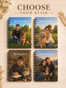 Customized Photo Cartoon Portrait Spiral Notebook, Personalized Illustration Diary Featuring Humans And Dogs, Customized Text Cover Notepad, The Best Gift For Dads, Commemorative Gift For Pet Lovers. - Multicolor - View 4