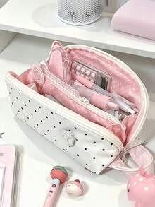1/2pcs Cute Large Capacity Polka Dot Shell Pattern Student Pencil Case - Cream White, Suitable For Classroom, Travel, Multi-Compartment Organizer Bag, Polka Dot Pattern, For Stationery.Back To School. - Multicolor - View 1