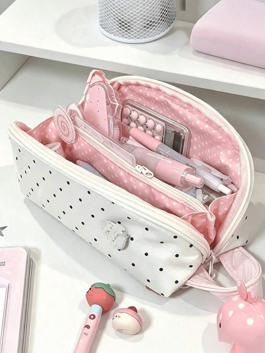 1/2pcs Cute Large Capacity Polka Dot Shell Pattern Student Pencil Case - Cream White, Suitable For Classroom, Travel, Multi-Compartment Organizer Bag, Polka Dot Pattern, For Stationery.Back To School. - Multicolor - View 1