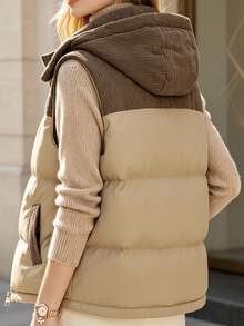Women's Autumn/Winter Colorblock Thickened Warm Hooded Padded Vest Jacket - Khaki - View 2