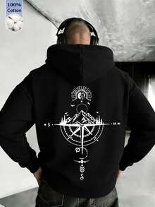 1item,Men's Cotton Tops,With The Sun,Clouds And Mountain Pattern,Simple And Loose-Fitting Men's Hooded Sweatshirt,Long Sleeve. - 黑色 - 查看 5