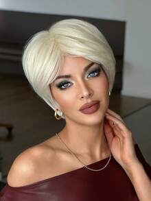 NAMM Short Bob Platinum Blonde Wigs For Women Layered Pixie Cut Wig With Curtain Bangs Natural Looking Synthetic Heat-Resistant Wigs For Daily Party Use 10 Inch ( Dark Brown ) - Multicolor - View 5