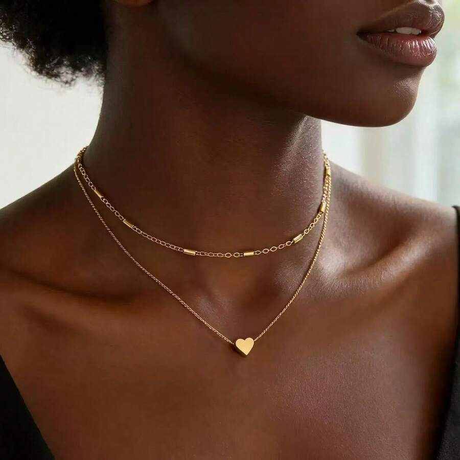 2pcs/Set Fashion Double Layer Heart Pendant Necklace, Minimalist Gold Heart Necklace, Adjustable Size, Suitable For Women's Daily, Vacation, Work Wear, Exquisite Gift For Girls - Yellow Gold - View 1
