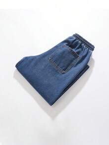 Youth Boy Vintage Collegiate Style Elastic Waist Washed Dark Blue Denim Jeans - Blue - View 6