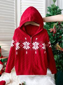 Girls' Preppy Style Geometric Pattern Cable Knit Hooded Cardigan Sweater, Long Sleeve, Suitable For Christmas, Daily Wear, School, Spring, Autumn, Winter - Red - View 1