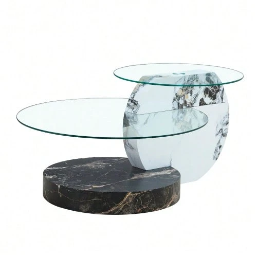 Modern Minimalist Double-Layer Tempered Glass Coffee Table, Multi-Level Design, High-Quality MDF Support Structure With White Marble Finish. Multiple Colors Available. - 黑與白 - 查看 1