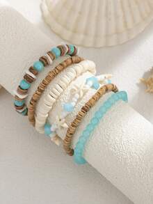 6pcs Boho Ocean Style Coconut Shell Beaded Bracelet Set, Starfish & Shell Pendant, Charming Jewelry For Men Beach Party Vacation - 6-piece Set - View 8