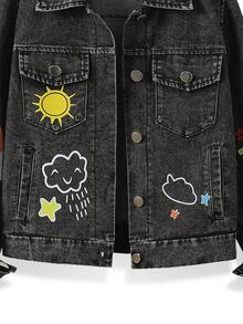 Tween Girls Y2K Style Denim Jacket And Coat, Big Tween Girl Retro Black Denim, Cartoon Rainbow Letter Print, Multi-Pocket Single-Breasted Open Front Lapel Long Sleeve Top, Suitable For Spring Summer Autumn Winter, Daily Wear, School, Commuting - Black - View 7