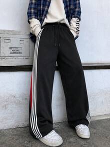 Men's Drawstring Waist Colorful Patchwork Side Stripe Wide Leg Sweatpants, Loose Street Casual Sports Long Pants - Black - View 4