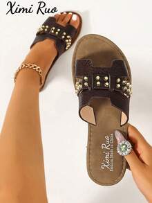Ximi Ruo Sandalias planas tipo slide de estilo coreano casual para mujer, zapatillas de verano para exteriores con punta abierta, sandalias romanas tejidas nuevas de primavera/verano, zapatos de mujer de estilo francés de moda para combinar con faldas para salidas, playa, apartamento, zapatos planos de exterior de color marrón - Café integral - Ver 7