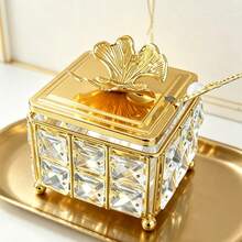 Luxury Square Cut Crystal Sugar Bowl With Ginkgo Leaf Lid And Pearl Spoon, Metal Frame Glass Sugar Jar With Spherical Feet, Decorative Kitchen Canister, Coffee Bar, Home Afternoon Tea, Dining Table Decor - Gold - View 4