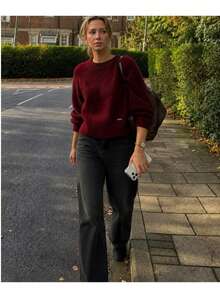 Women's Autumn/Winter Half-Open Knit Sweater, Casual Minimalist Pullover Top, Versatile Style - Red - View 2