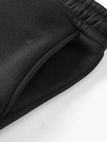 Men's Velvet Lined Straight Leg Sweatpants, Drawstring Elastic Waist Casual Pants, Embroidered Decor, Split Hem Joggers - Black - View 4
