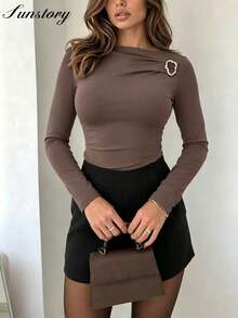 女款性感純欲風優雅極簡迷人日常穿著聚會約會聚會純色高彈力舒適針織面料假兩件/解構胸部百褶環扭交叉不對稱/不規則荷葉邊百褶蕾絲/荷葉邊鏤空交叉肩帶套頭上衣 春秋冬四季適用 晚約會 假期 校園度假 辦公室 家居 日常 生日派對 約會 單身派對 返校派對 舞台演唱會 旅行 機場穿搭 茶會 - 駝色 - 查看 2