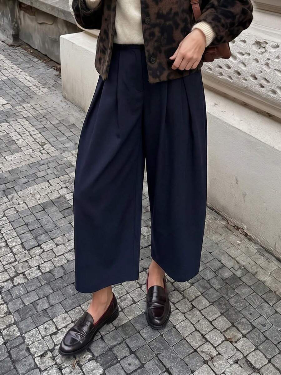 女款海軍藍高腰百褶直筒長褲，柔軟舒適面料，時尚百搭，都市優雅休閒褲；夏季 - 藏蓝色 - 查看 1