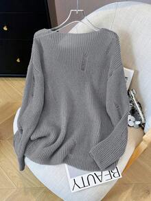 Sweater Pullover Lengan Panjang Leher Bulat Longgar Gaya Korea Terbaru untuk Musim Gugur, dengan Detail Sobek dan Tampilan Santai, Pakaian Musim Gugur Wanita - Grey - View 8