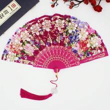 1pc Large Handheld Floral Folding Fan, Handheld Carnival Fan, Suitable For Music Festivals, Carnivals, Weddings, EDM Events, Dancing, Decoration, Performance And Gifts - Silk Fabric Pressed Flower Folding Fan - View 4