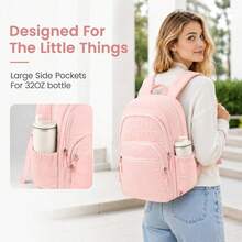 Quilted Multi-Pocket Backpack With Large Side Water Bottle Pockets For School Travel Daily Use - Pink - View 4