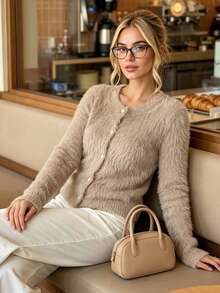 Women Fuzzy Knit Solid Crew Neck Button Down Long Sleeve Regular Cardigan Top - Khaki - View 8