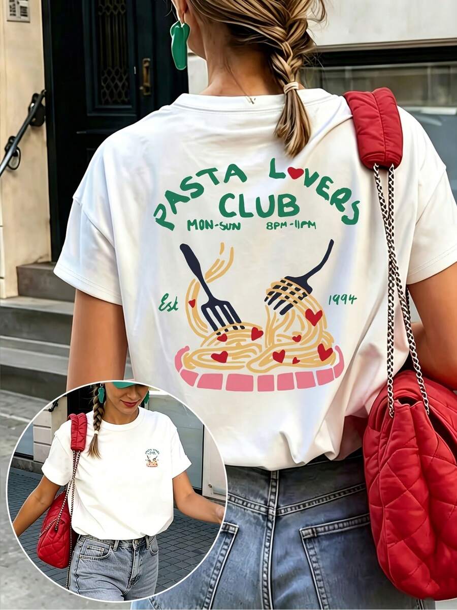 Casual Printed T-Shirt For Women, Short Sleeve Crew Neck With Directional Heart Pattern, Delicate Design, Spring Summer Autumn Wear, Local Shipping - 白色 - 查看 1