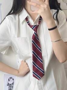 1件女款經典JK條紋領帶，手打結學院風海軍藍DK制服襯衫配件，日系基礎韓版日常配飾，適合學生、青少年，適用於Cosplay派對領帶配件、街頭攝影及其他場合，萬聖節 - 酒紅色免打款 - 查看 6