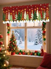 1pc Christmas Tree Curtain Valance, Christmas Tree Pattern, Polyester Material, Rod Pocket, Suitable For Kitchen, Living Room, Bedroom, Christmas Kitchen Decor, Home Holiday Decoration - Green - View 4