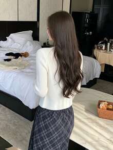韓系簡約溫柔女款長袖開襟羊毛衫 白色 - 白色 - 查看 4