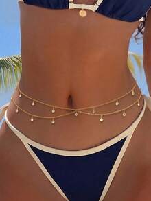 1pc Multi-Layer Pearl Linear Silver And Gold Waist Chain, Adjustable Crystal Belly Chain Bikini Waist Accessory For Women And Girls Summer Beach Party - Multicolor - View 6