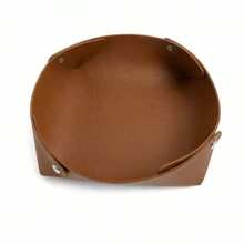 1pc Multifunctional PU Leather Storage Basket, Vintage Brown Round Foldable Storage Basket With Metal Snap, Desktop Organizer, Suitable For Jewelry, Keys, Watches, Cosmetics, Remote Controls, Entryway, Vanity, Bedroom, Office And Travel - Multicolor - View 7