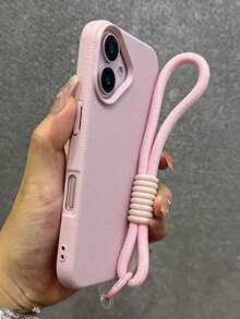 奢華純色人造皮革手機殼，適用於 iPhone 17 Pro Max 17 Pro 17 16 Pro Max 16 Pro 16 15 Pro Max 15 Pro 14 Pro Max 14 Pro 13 Pro Max，全包覆保護後蓋，附短繩 - 粉色 - 查看 2