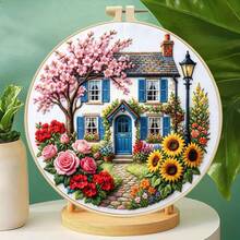 4 Styles Pastoral Cottage Floral Embroidery Full Material Kit With Round Embroidery Hoop, Countryside Landscape House And Flower 3D Embroidery, Beginner DIY Handmade Gift, Home Wall Decor Hanging Painting - Multicolor - View 7