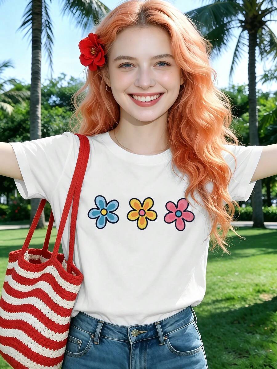 Women's Floral Print T-Shirt, 100% Cotton, Loose Fit, Breathable, Hip-Hop Street Style, Graphic Design. - White - View 1