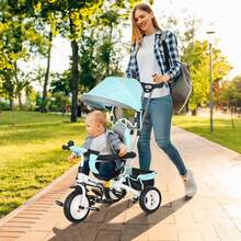 HOMCOM Triciclo Evolutivo para Bebés 6 en 1 Triciclo para Niños de 1-5 Años Bicicleta para Niños con Toldo Plegable Mango Telescópico Desmontable Cinturón de Protección y Cesto 95x50x106 cm - Verde - Ver 1