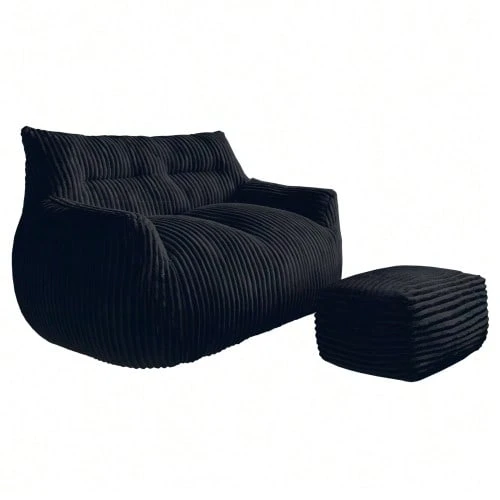 Double Bean Bag With Ottoman – Large Bean Bag Lounge Chair For Adults, Teens, And Kids For Living Room, Bedroom, Dorm, Or Balcony - Black - View 1