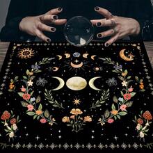1pc Triple Moon Phase Tarot Cloth, Boho Witch Altar Cloth, Floral Mushroom Print Divination Tablecloth, Multi‑Purpose Tapestry For Table Cover Home Wall Decor - Multicolor - View 2